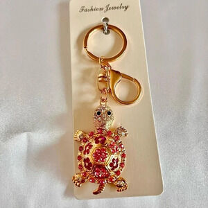 Turtle Bag And Key Chain Charm Pink Crystal Rhinestone Gold Tone Hardware